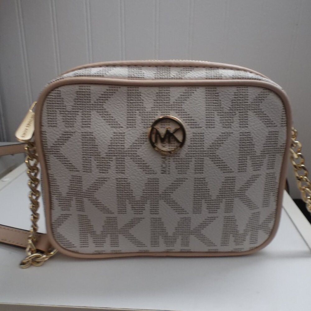 Michael Kors Monogram Mini Camera Bag Crossbody Cream and Tan